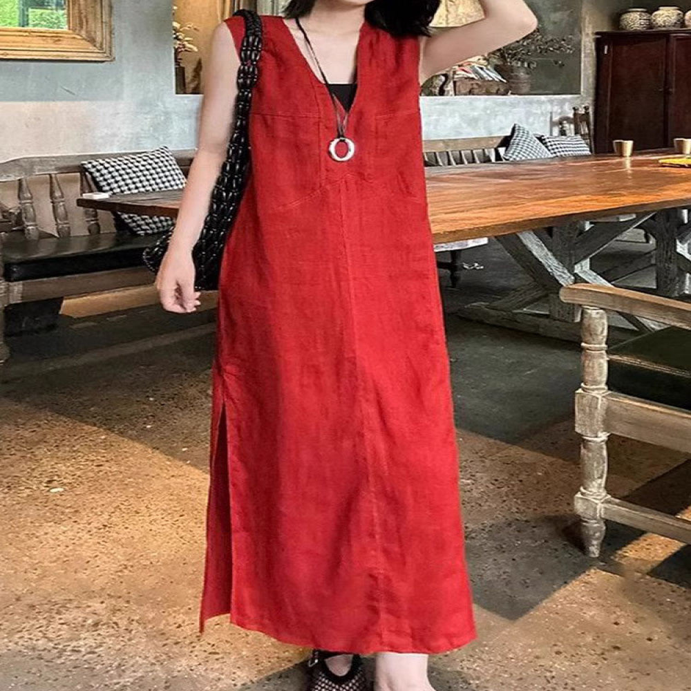 Red linen dress women s 2025 new style summer French high end simple generous decent temperament vest long skirt image 1
