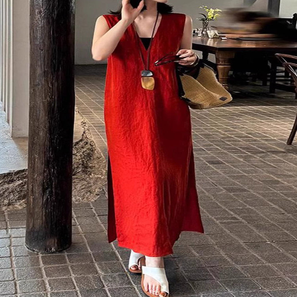 Red linen dress women s 2025 new style summer French high end simple generous decent temperament vest long skirt image 2