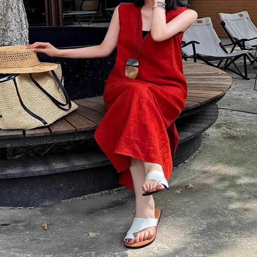 Red linen dress women s 2025 new style summer French high end simple generous decent temperament vest long skirt image 3