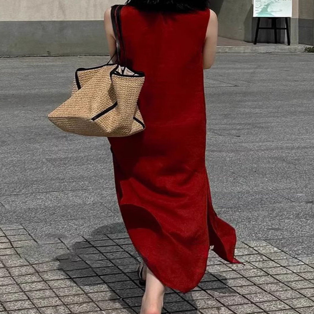 Red linen dress women s 2025 new style summer French high end simple generous decent temperament vest long skirt image 4
