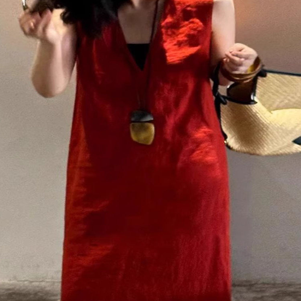 Red linen dress women s 2025 new style summer French high end simple generous decent temperament vest long skirt image 5