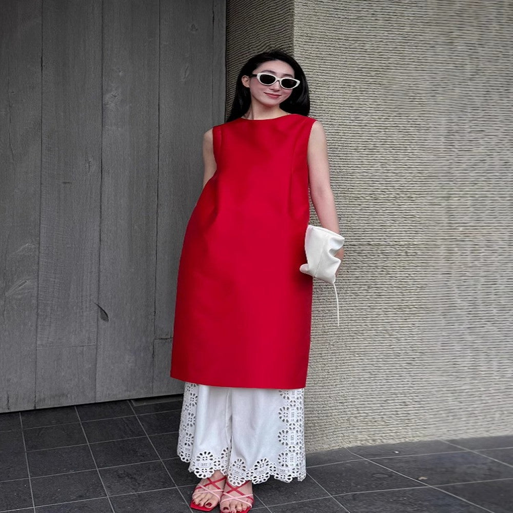 Elegant and tasteful great looking summer outfit light luxury high end feminine red dress wide leg pants two piece set image 10