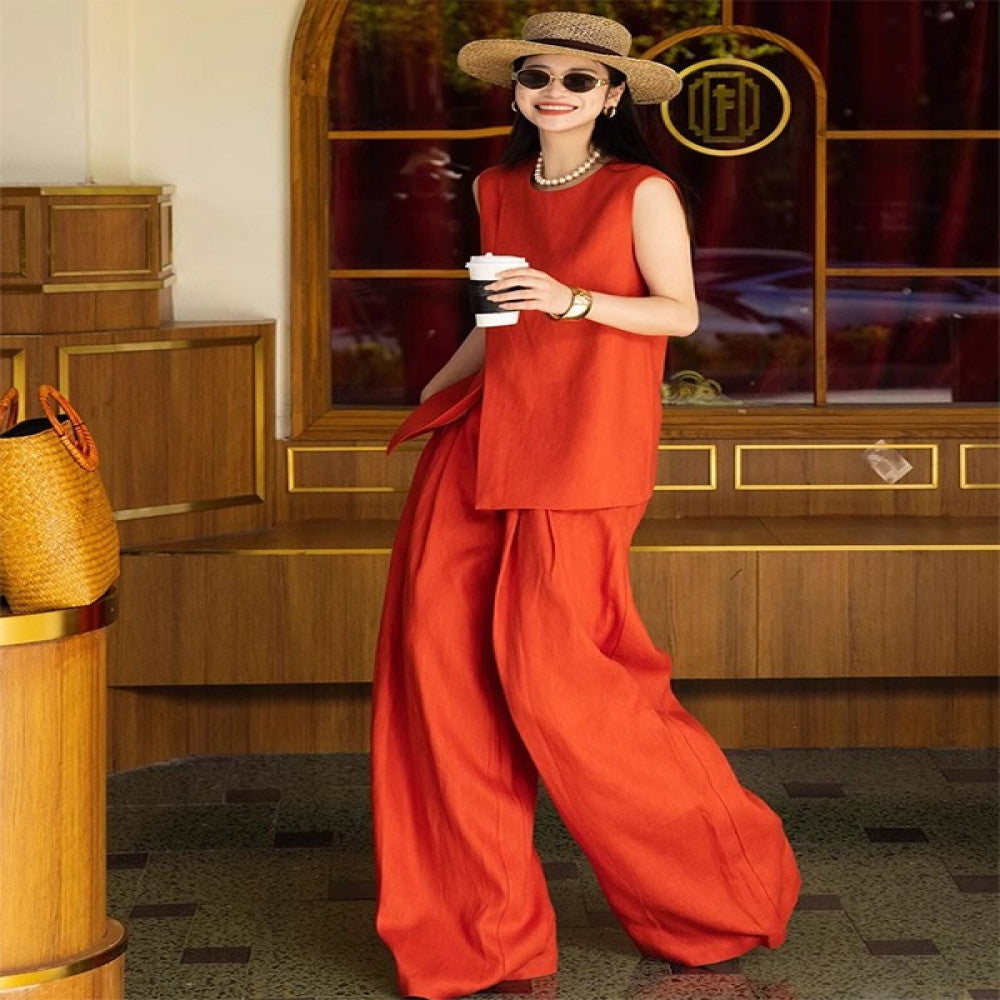 Great looking small fragrance professional suit for women in summer 2025 new high end red vest wide leg pants two piece set image 7