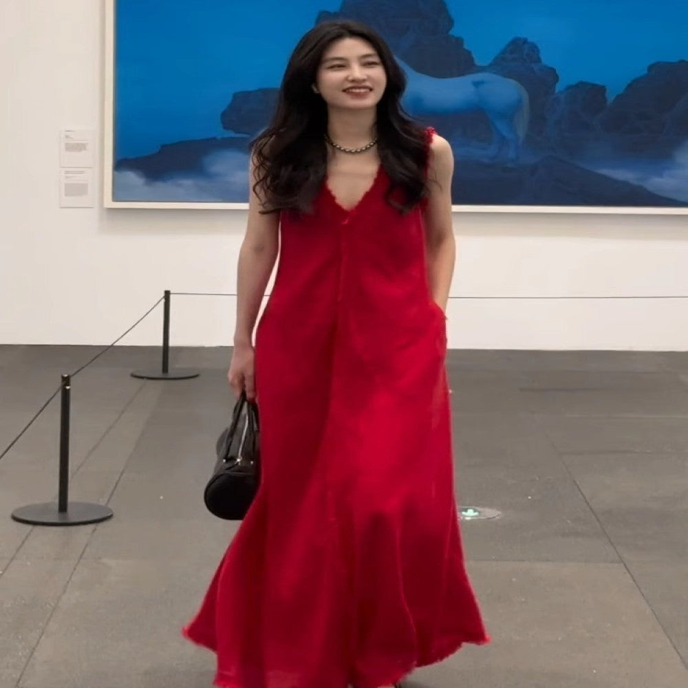 French petite bourgeoisie simple and elegant high end red vest dress autumn women 2025 new style temperament waist pinching long skirt image 3