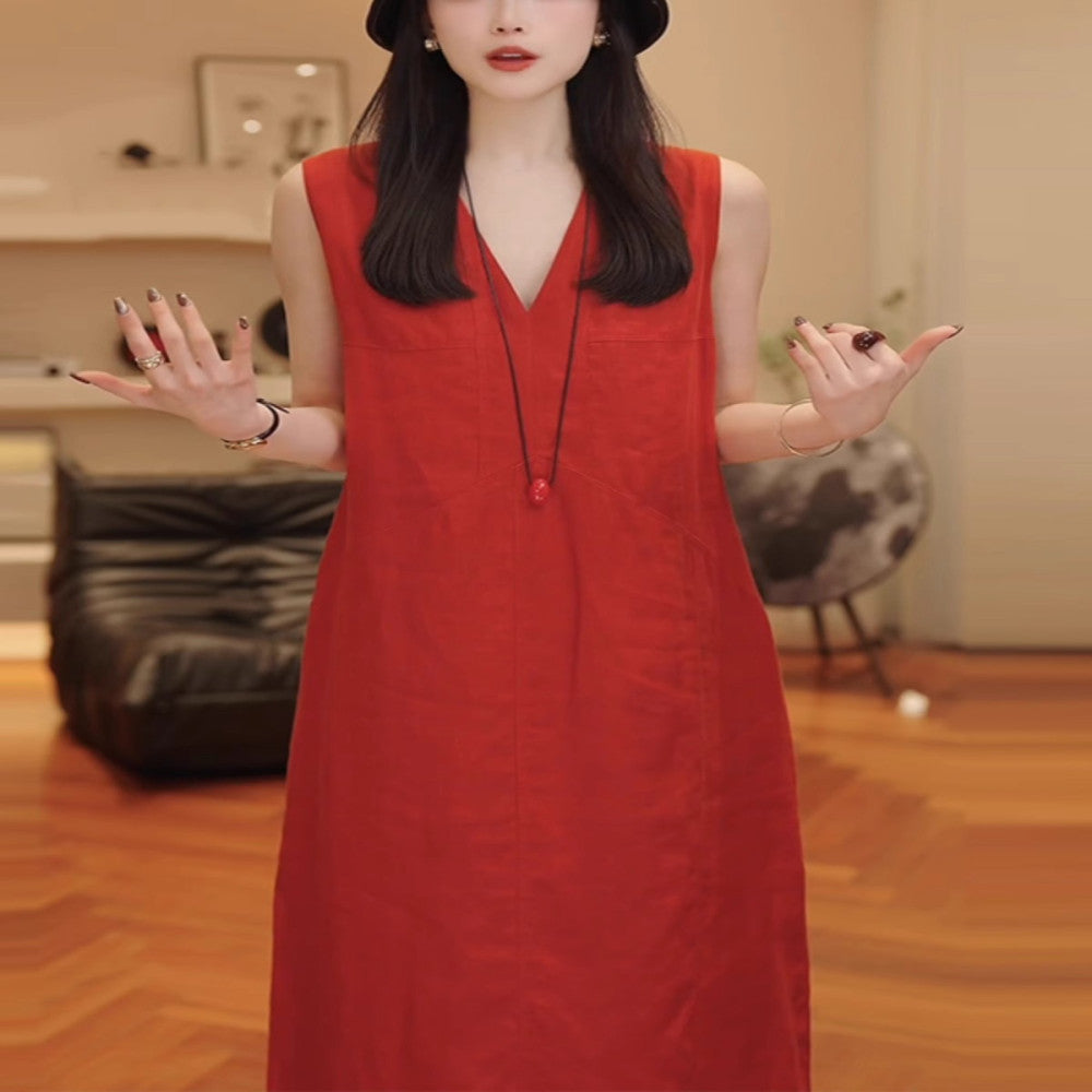 Red linen vest dress for women in summer new high end loose fitting women s long dress with temperament women s cotton and linen dress image 1