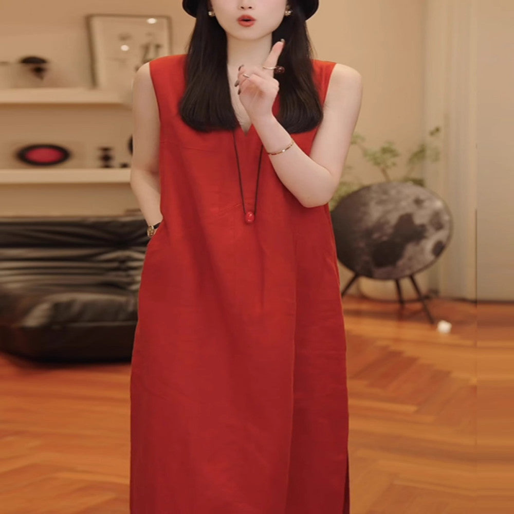 Red linen vest dress for women in summer new high end loose fitting women s long dress with temperament women s cotton and linen dress image 3