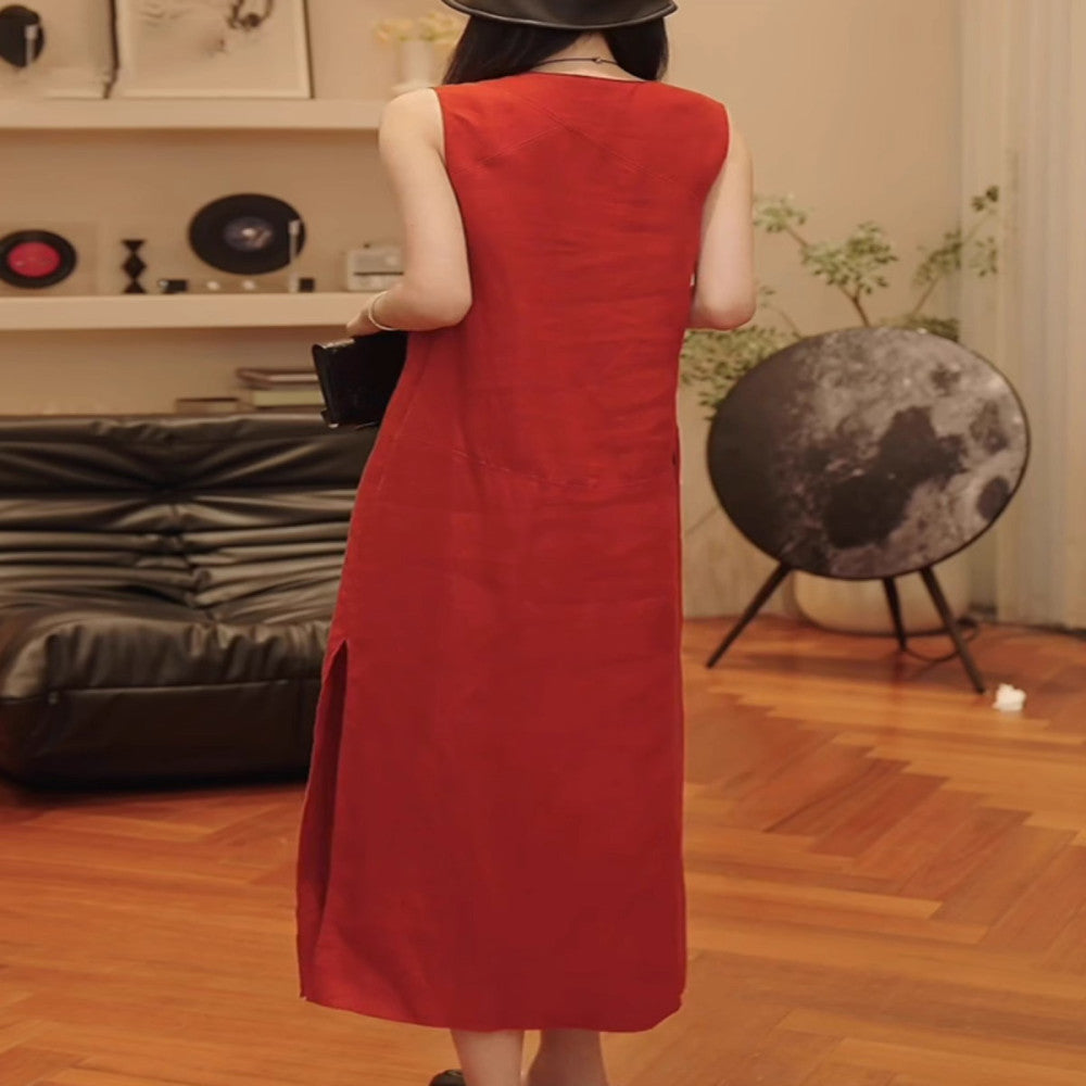 Red linen vest dress for women in summer new high end loose fitting women s long dress with temperament women s cotton and linen dress image 5