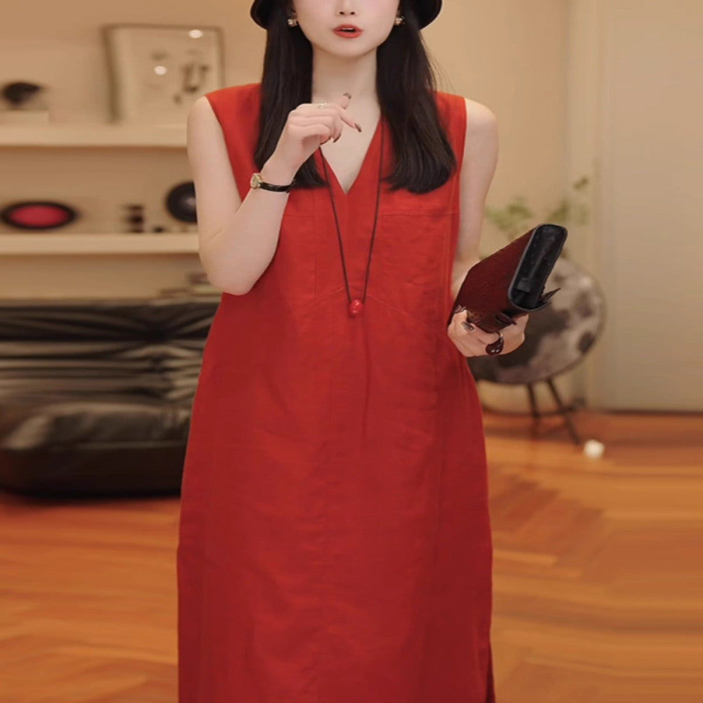 Red linen vest dress for women in summer new high end loose fitting women s long dress with temperament women s cotton and linen dress image 10