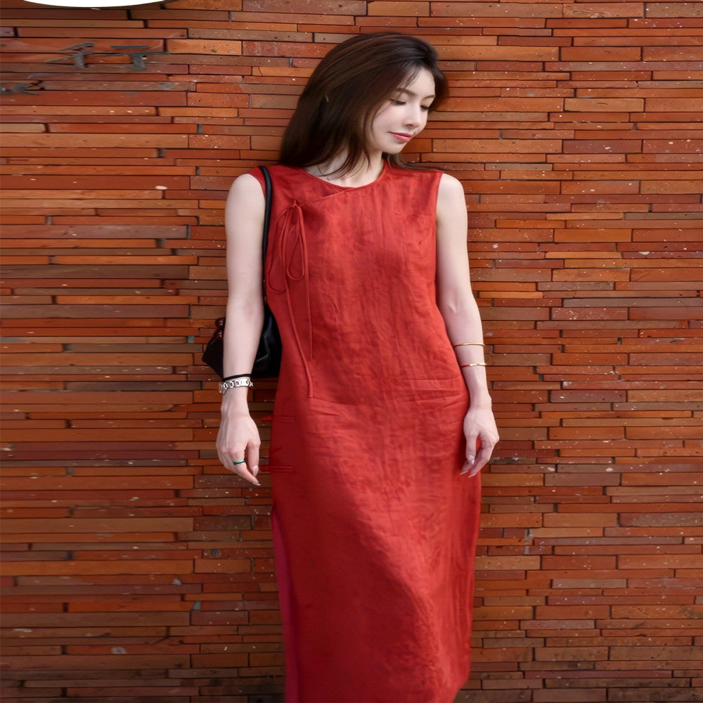Super good looking temperament simple and generous new Chinese style red linen dress children s clothing 2025 summer new style image 3