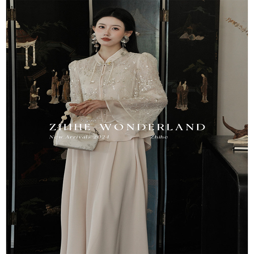 Wonderland Firefly Flying Flower Original Lace Embroidered Bead Top Soft Satin Strap Half Skirt Set image 3