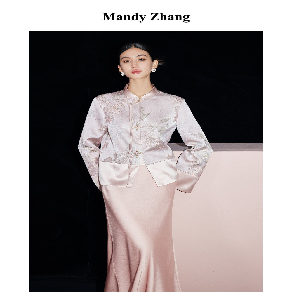 Mandy Zhang s New Chinese Style Gold Thread Embroidered Pink Jacket for Women in Autumn High Grade Acetate Pan Button Top image 0