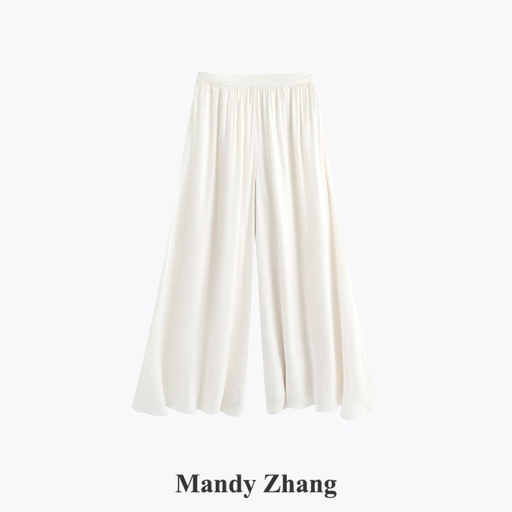 MandyZhang satin glossy A line wide leg white skirt pants summer lazy style long casual pants image 7
