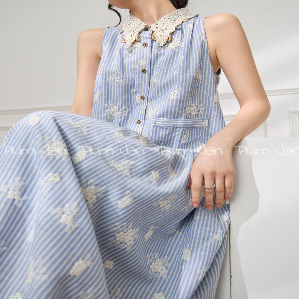 Plum Jan Summer Beauty Small Skirt Seaside Vacation Heavy Industry Collar Embroidered Blue Striped Dress for Women image 3