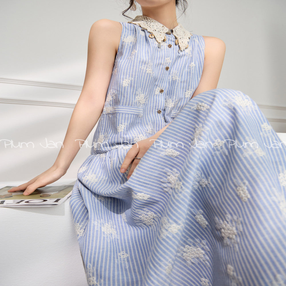 Plum Jan Summer Beauty Small Skirt Seaside Vacation Heavy Industry Collar Embroidered Blue Striped Dress for Women image 6