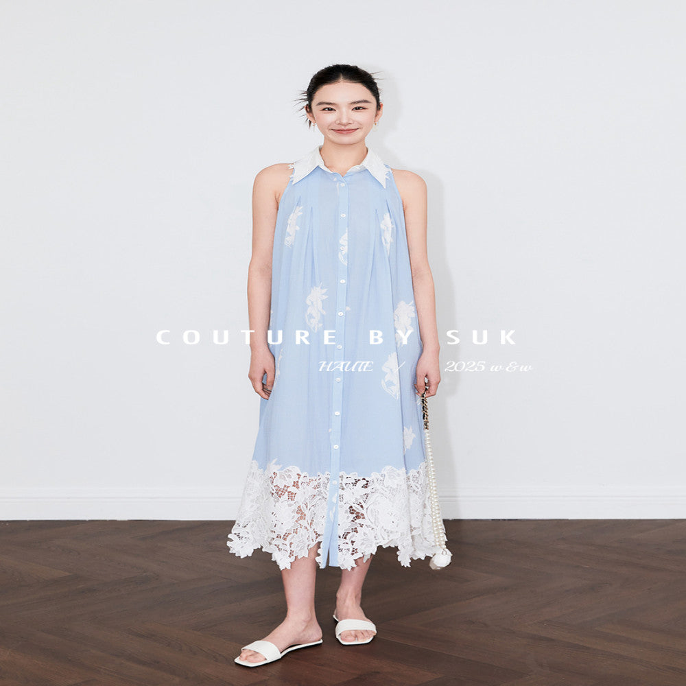 SUK Art Blues 05 Spring Summer new blue lace patchwork lace design halter neck dress image 1