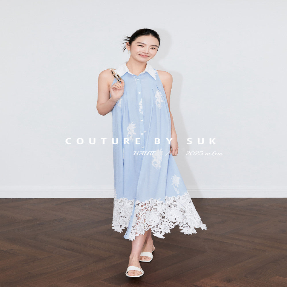 SUK Art Blues 05 Spring Summer new blue lace patchwork lace design halter neck dress image 2