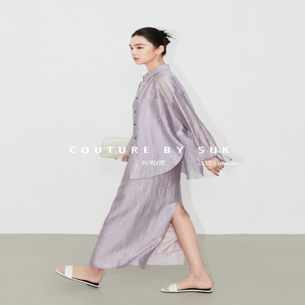 SUK s purple energy is coming from the east Light luxury acetate long dress with suspender long skirt sunscreen shirt outerwear fashionable women image 2