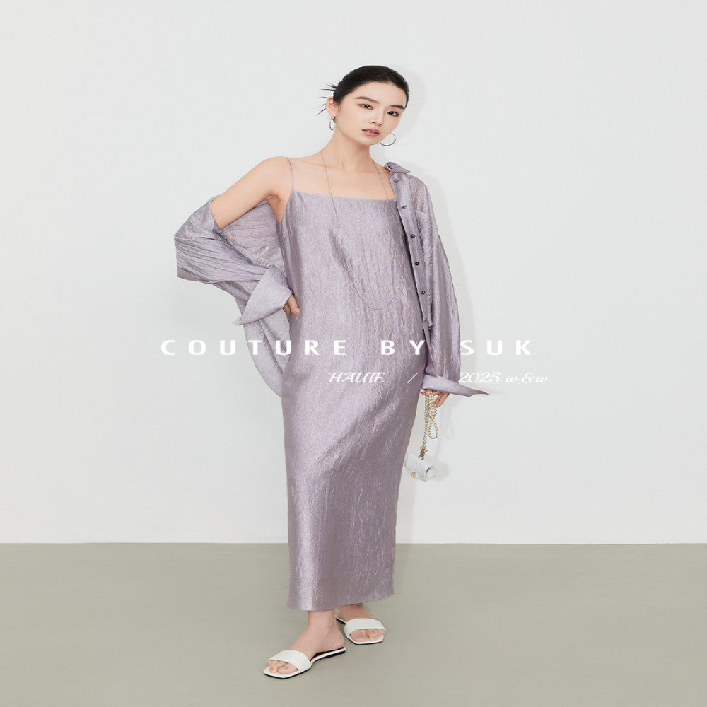 SUK s purple energy is coming from the east Light luxury acetate long dress with suspender long skirt sunscreen shirt outerwear fashionable women image 3