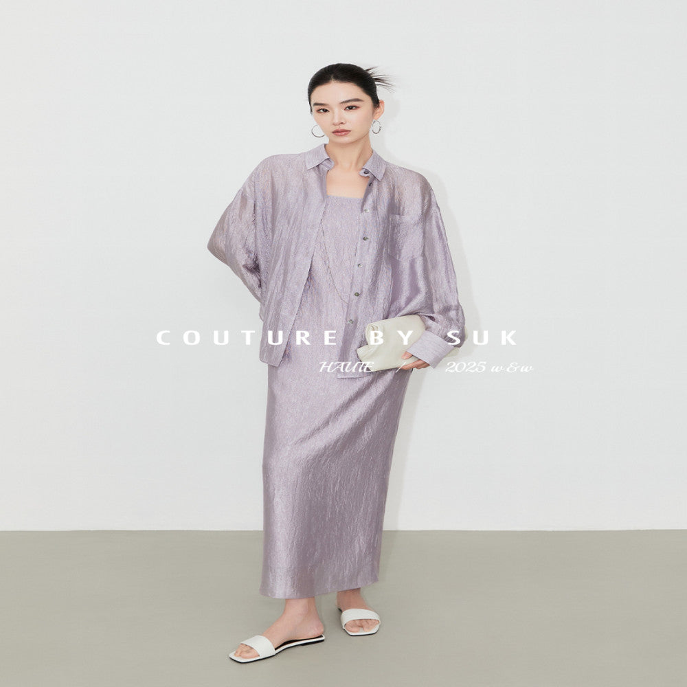 SUK s purple energy is coming from the east Light luxury acetate long dress with suspender long skirt sunscreen shirt outerwear fashionable women image 0