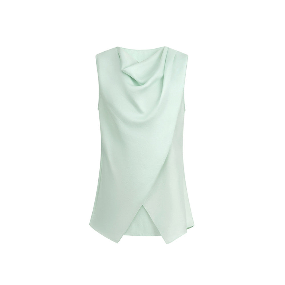 SUK Mist Moonlight Glossy fabric elegant swing collar sleeveless top high waist wide leg pants fashionable suit for women image 10