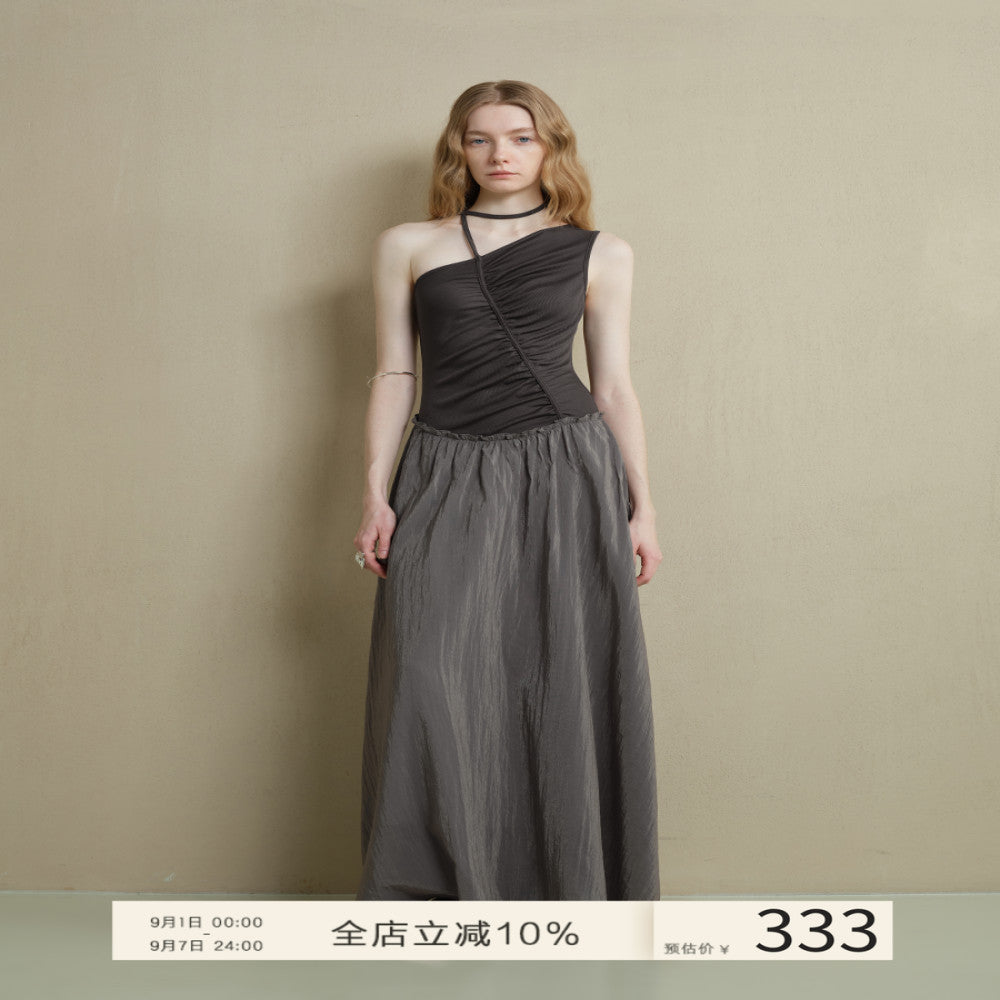 Someone Sometimes Original Irregular Splicing Color Contrasting Fold Design Oblique Shoulder Sleeveless Dress image 1
