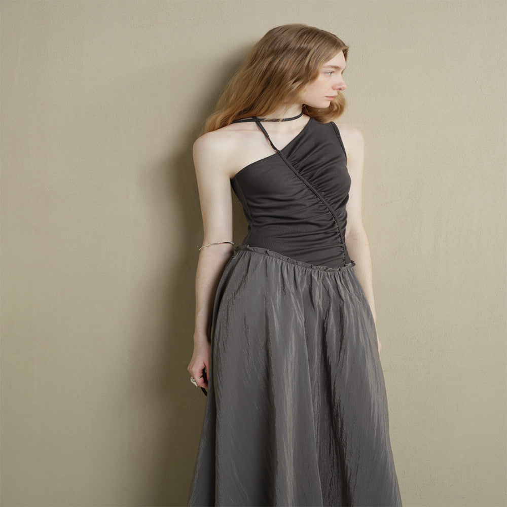 Someone Sometimes Original Irregular Splicing Color Contrasting Fold Design Oblique Shoulder Sleeveless Dress image 2