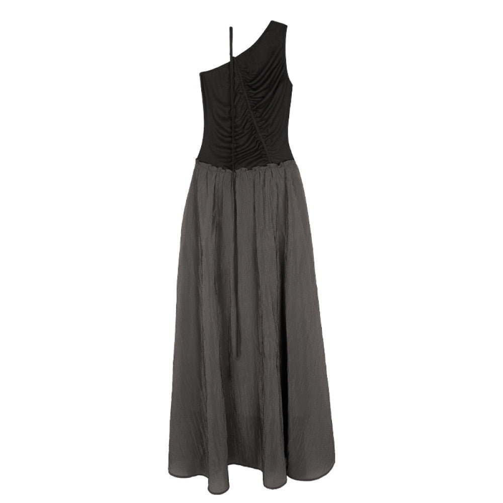 Someone Sometimes Original Irregular Splicing Color Contrasting Fold Design Oblique Shoulder Sleeveless Dress image 11