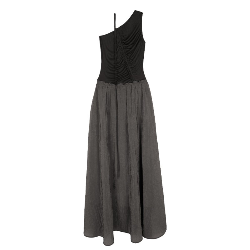 Someone Sometimes Original Irregular Splicing Color Contrasting Fold Design Oblique Shoulder Sleeveless Dress image 14