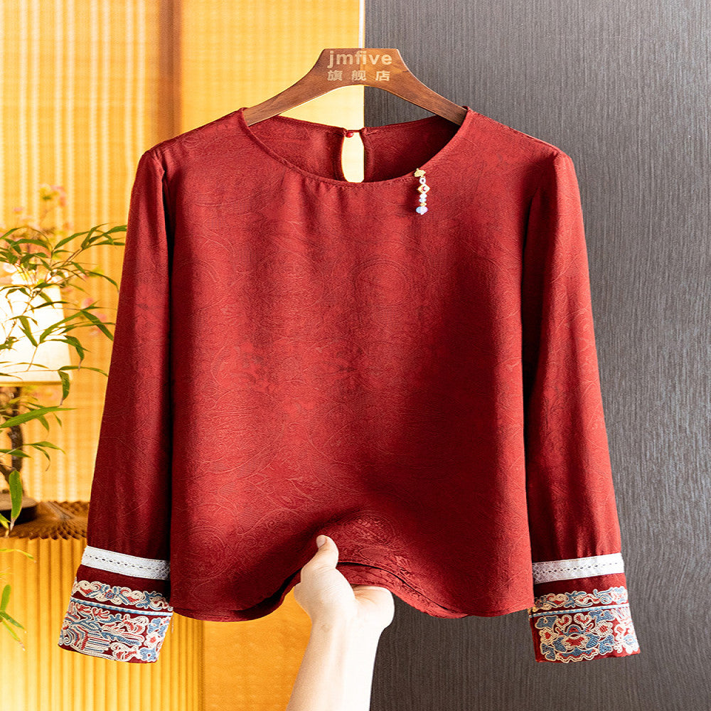 New Chinese Jacquard Unique Tassel Shirt for Women in Autumn 2025 New Product White Cuffs Embroidered Long Sleeve Versatile Top image 2