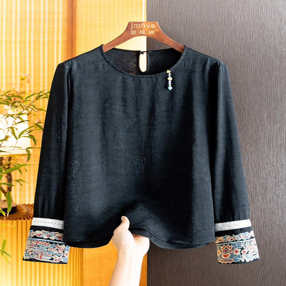 New Chinese Jacquard Unique Tassel Shirt for Women in Autumn 2025 New Product White Cuffs Embroidered Long Sleeve Versatile Top image 3