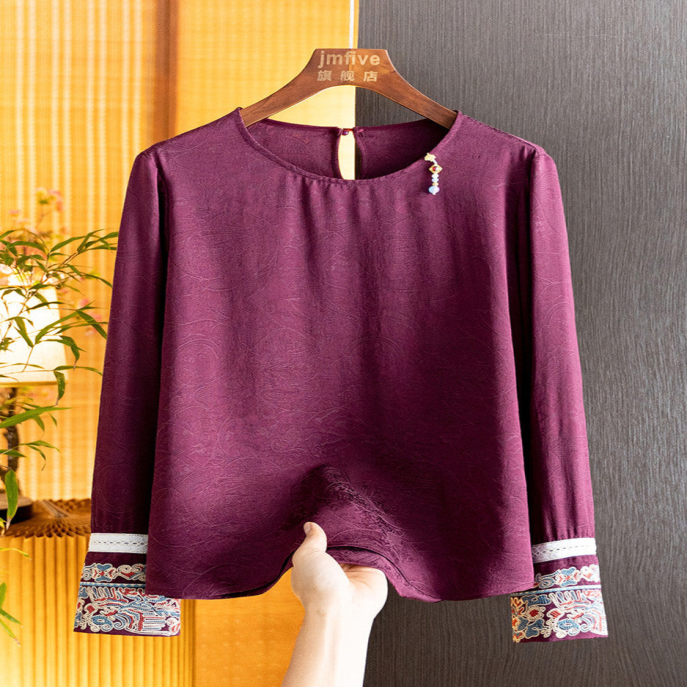 New Chinese Jacquard Unique Tassel Shirt for Women in Autumn 2025 New Product White Cuffs Embroidered Long Sleeve Versatile Top image 4