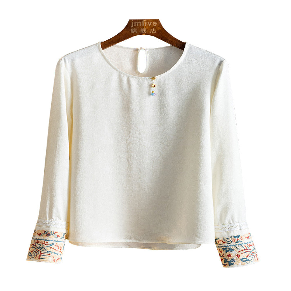 New Chinese Jacquard Unique Tassel Shirt for Women in Autumn 2025 New Product White Cuffs Embroidered Long Sleeve Versatile Top image 5