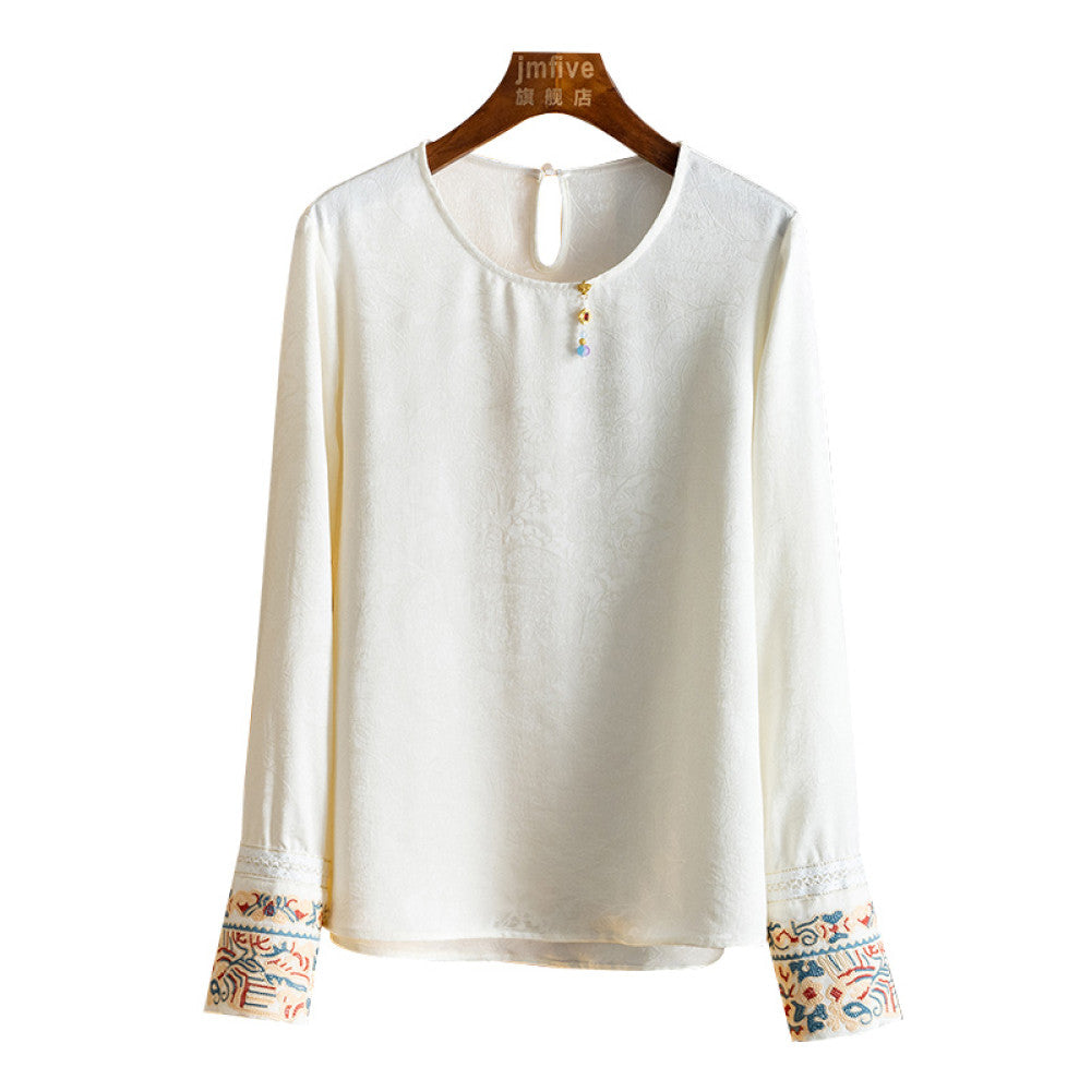 ASAYA4377 - Jacquard Embroidered Cuff Silk Blouse 🌼✨