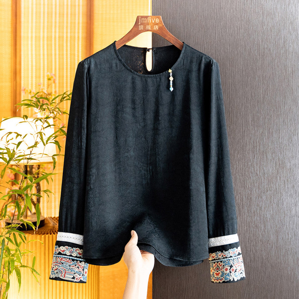 New Chinese Jacquard Unique Tassel Shirt for Women in Autumn 2025 New Product White Cuffs Embroidered Long Sleeve Versatile Top image 14