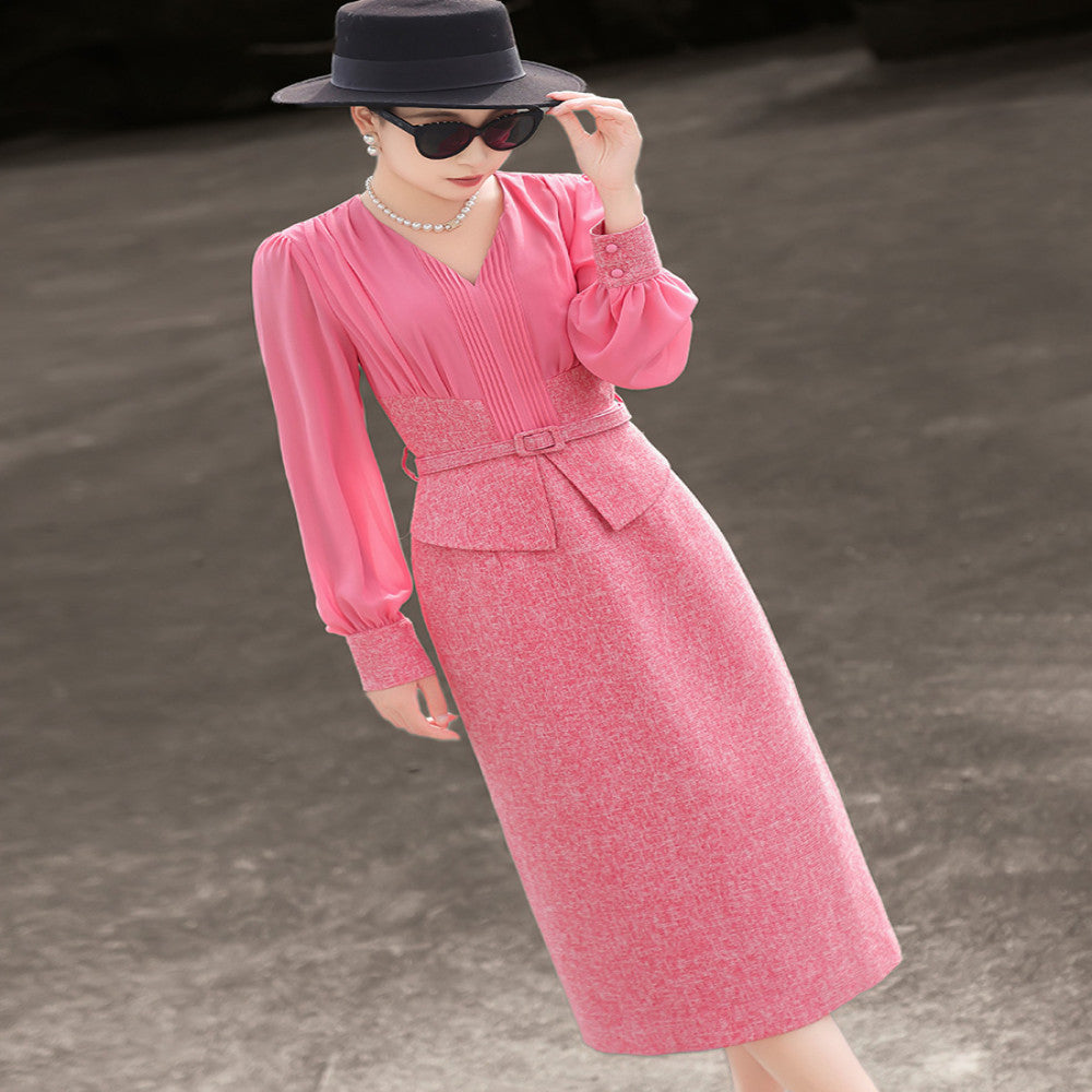 Lanser 2025 Autumn New Style Elegant Lady Fake Two Piece Splicing Long Sleeve Slimming Purple Dress for Women image 4