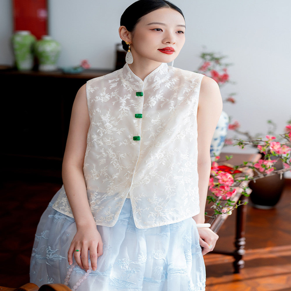 2025 New Product CPP1509 Silk Organza Embroidered Vest New Chinese Retro Round Neck Fairy Vest Spring and Summer image 0