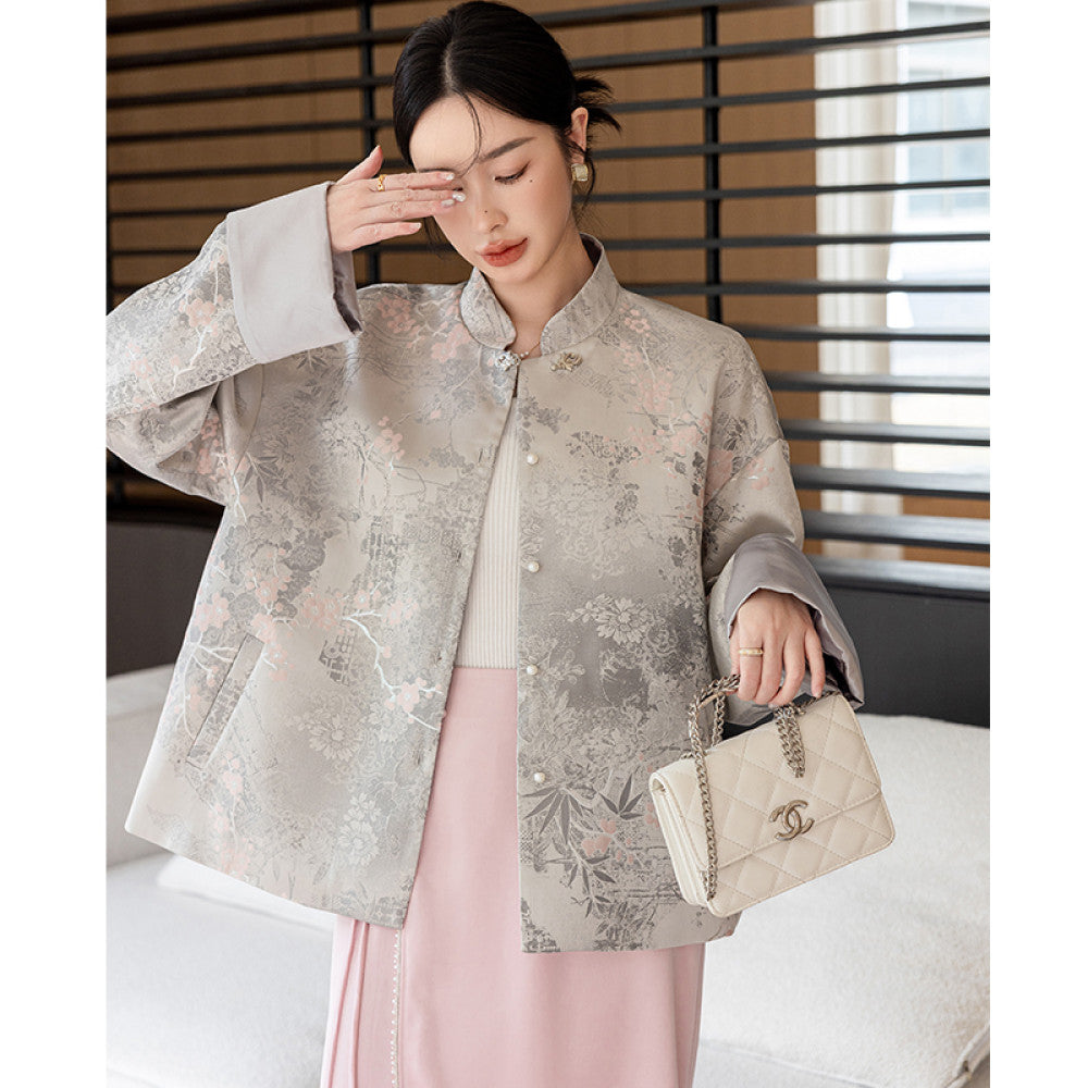 Chinese woven brocade Tang style top women s spring and autumn clothing design sense stand collar new Chinese style buckle short loose jacket image 15