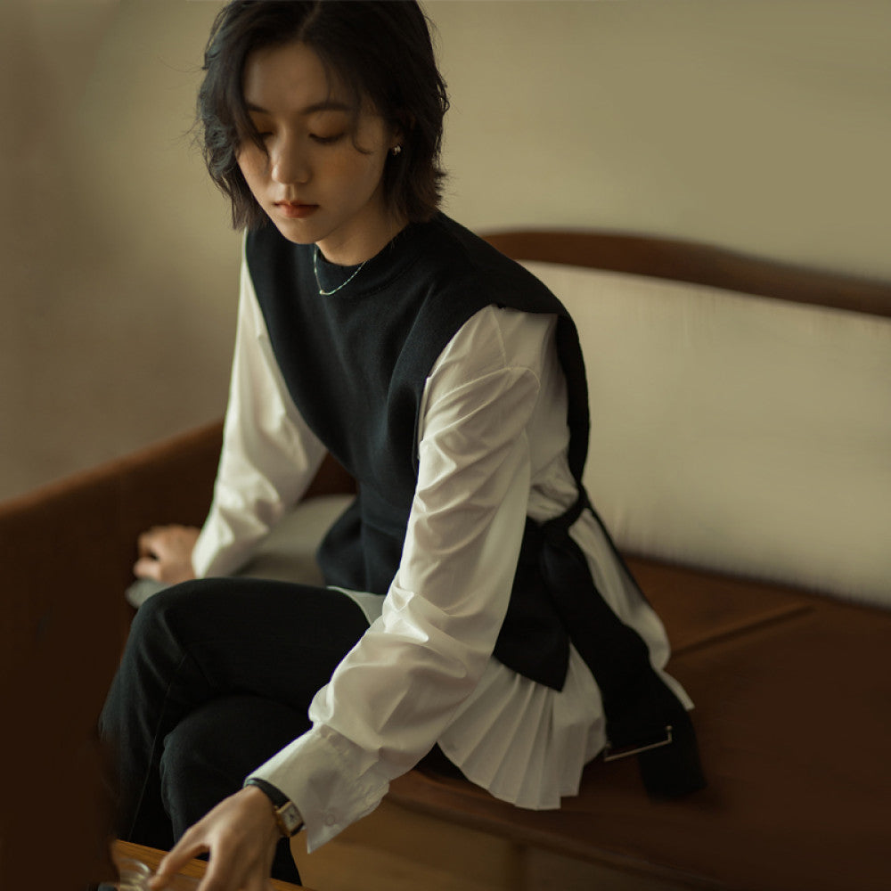 Wuwei Korean style literary 2025 autumn new women s casual temperament suit loose irregular pleated two piece suit image 0
