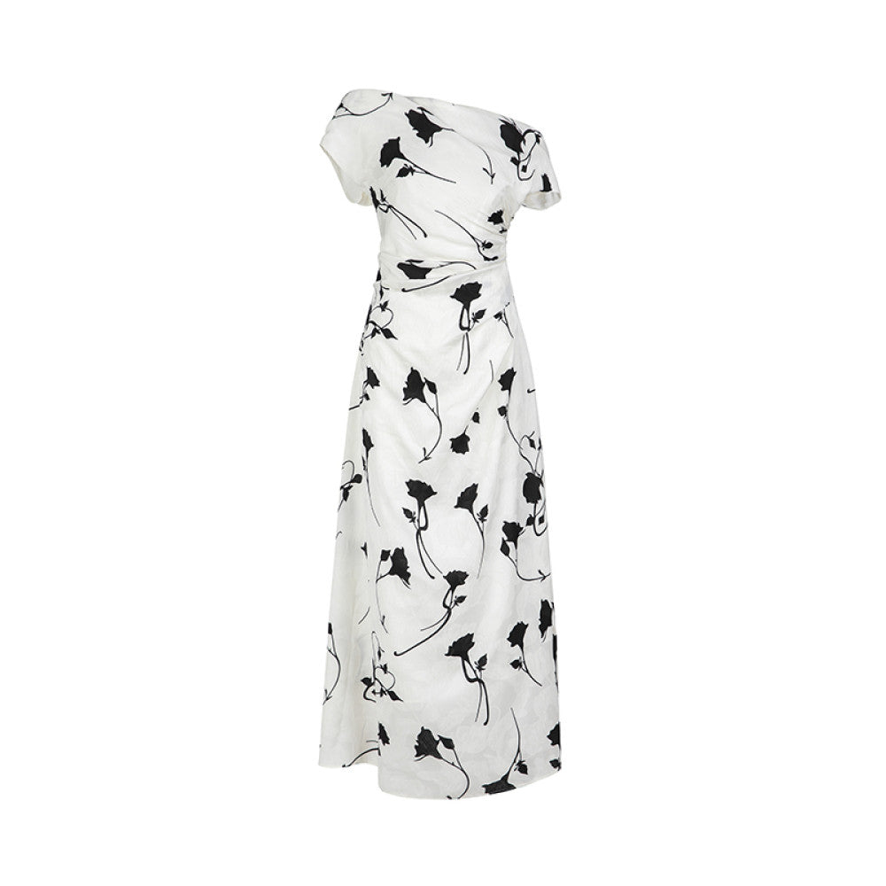 SUK beautiful lady 2025 New French Printed Long Dress Summer White Slanted Shoulder Style Dress for Women image 9