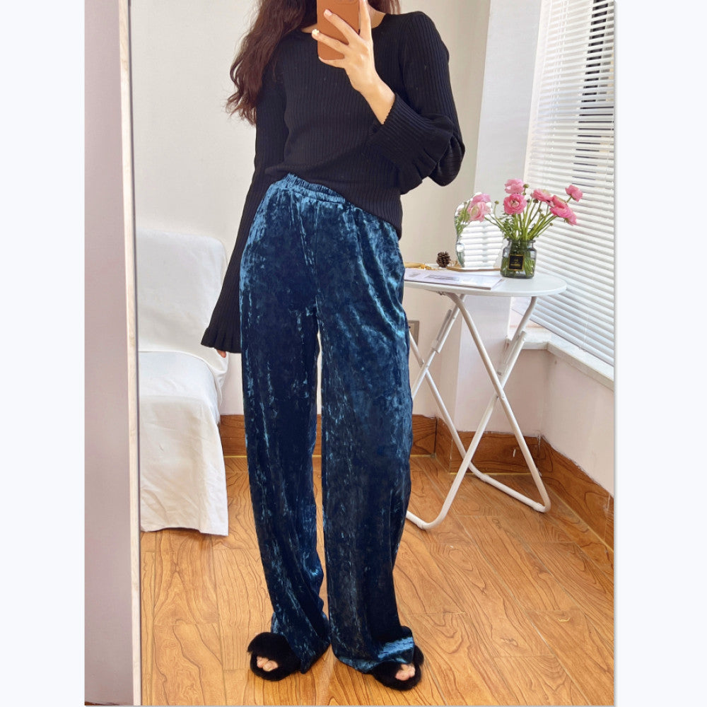 TAORAN Women s New Chinese Retro Gold Velvet Loose Wide Leg Pants Women s Elastic Waist Straight Tube Drop Feel Casual Pants image 2