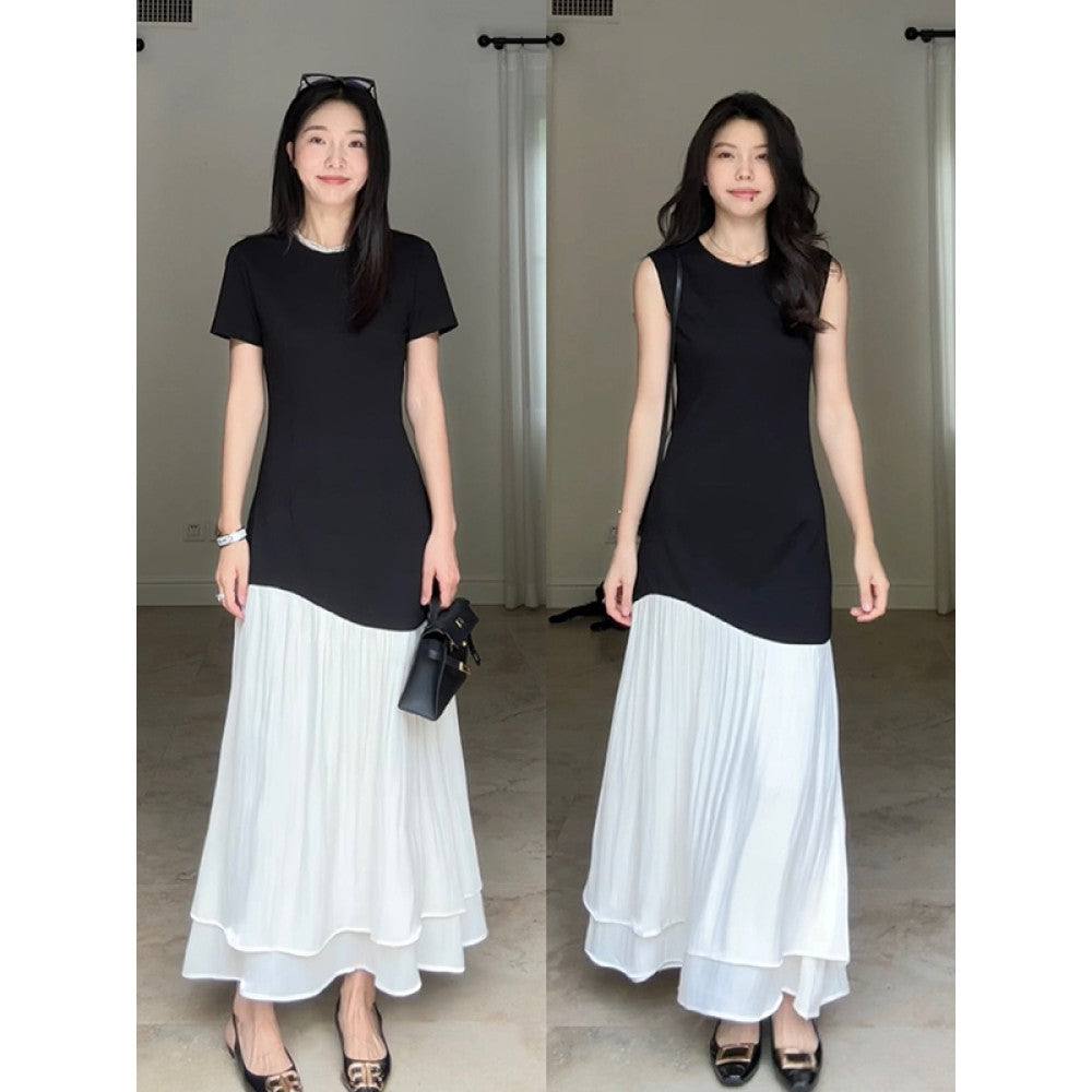 Guo Jiuni s French style design simple color blocking small A line waist hugging dress summer slimming long skirt image 1