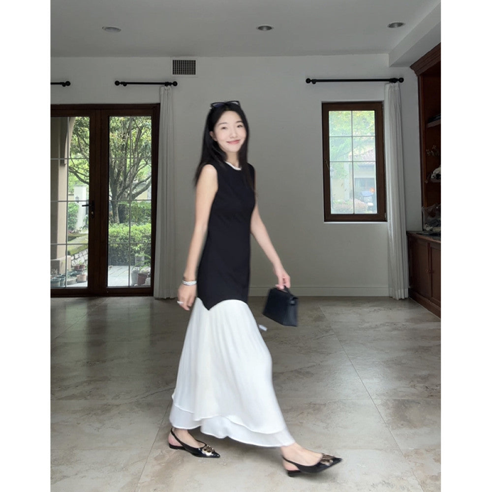 Guo Jiuni s French style design simple color blocking small A line waist hugging dress summer slimming long skirt image 3