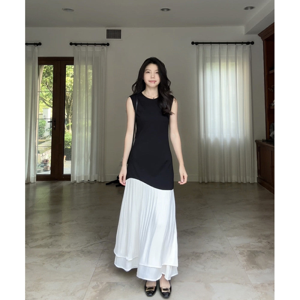 Guo Jiuni s French style design simple color blocking small A line waist hugging dress summer slimming long skirt image 6