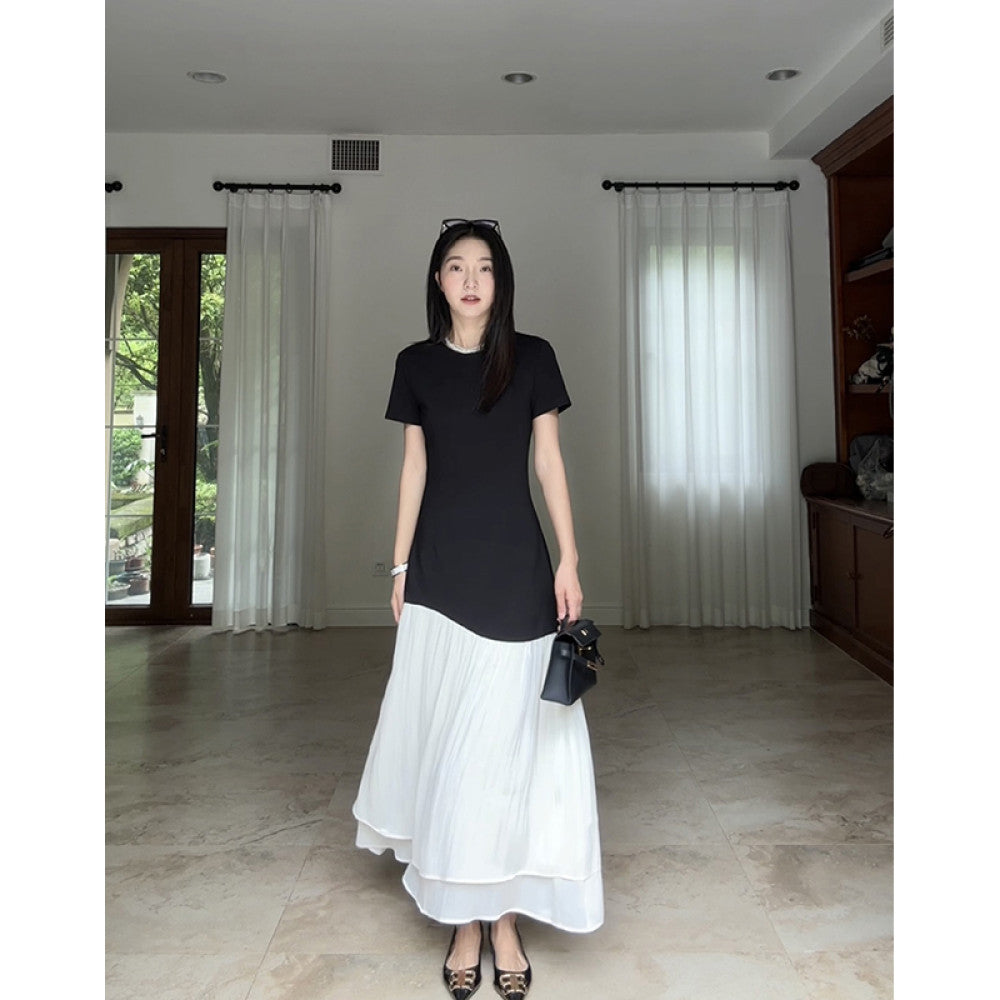 Guo Jiuni s French style design simple color blocking small A line waist hugging dress summer slimming long skirt image 16