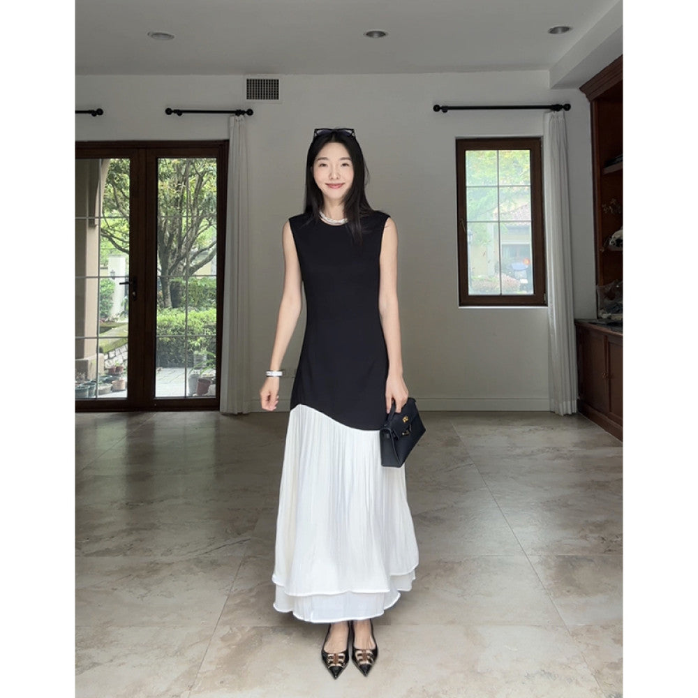 Guo Jiuni s French style design simple color blocking small A line waist hugging dress summer slimming long skirt image 26