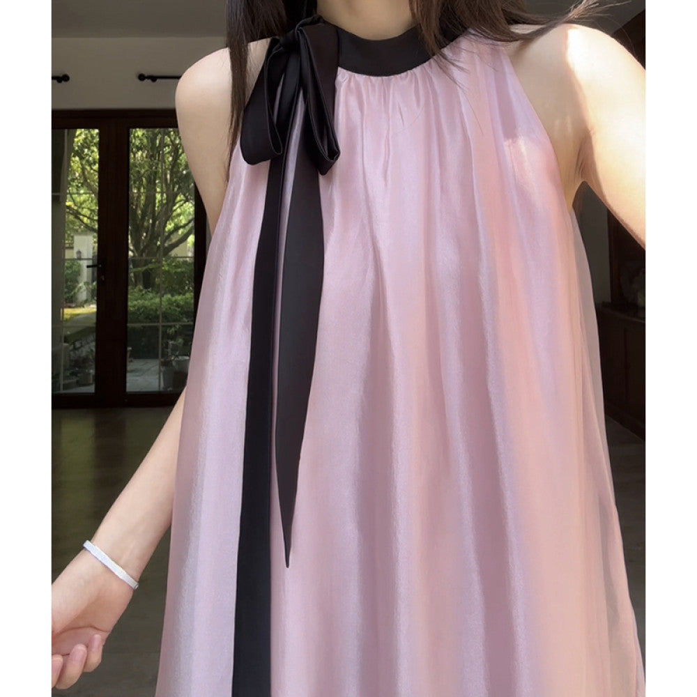 Guo Jiujiu s gentle style high end satin powder pearl yarn lace up vest camisole skirt summer long skirt image 21