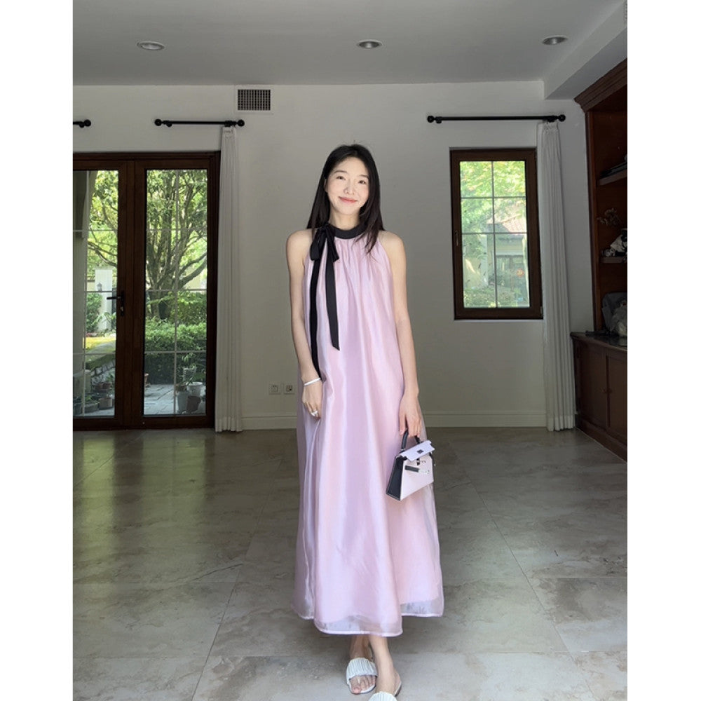Guo Jiujiu s gentle style high end satin powder pearl yarn lace up vest camisole skirt summer long skirt image 24