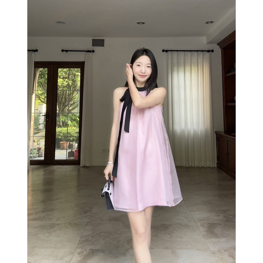 Guo Jiujiu s gentle style high end satin powder pearl yarn lace up vest camisole skirt summer long skirt image 16