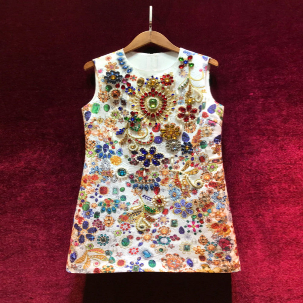 Light luxury heavy beaded diamond dress high end palace style A line skirt high end luxury skirt temperament socialite image 1