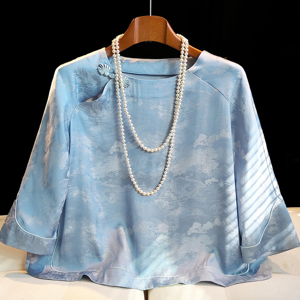 Fashionable new Chinese style improved round neck shirt with women s design sense seven quarter sleeve improved retro buckle casual versatile top image 1